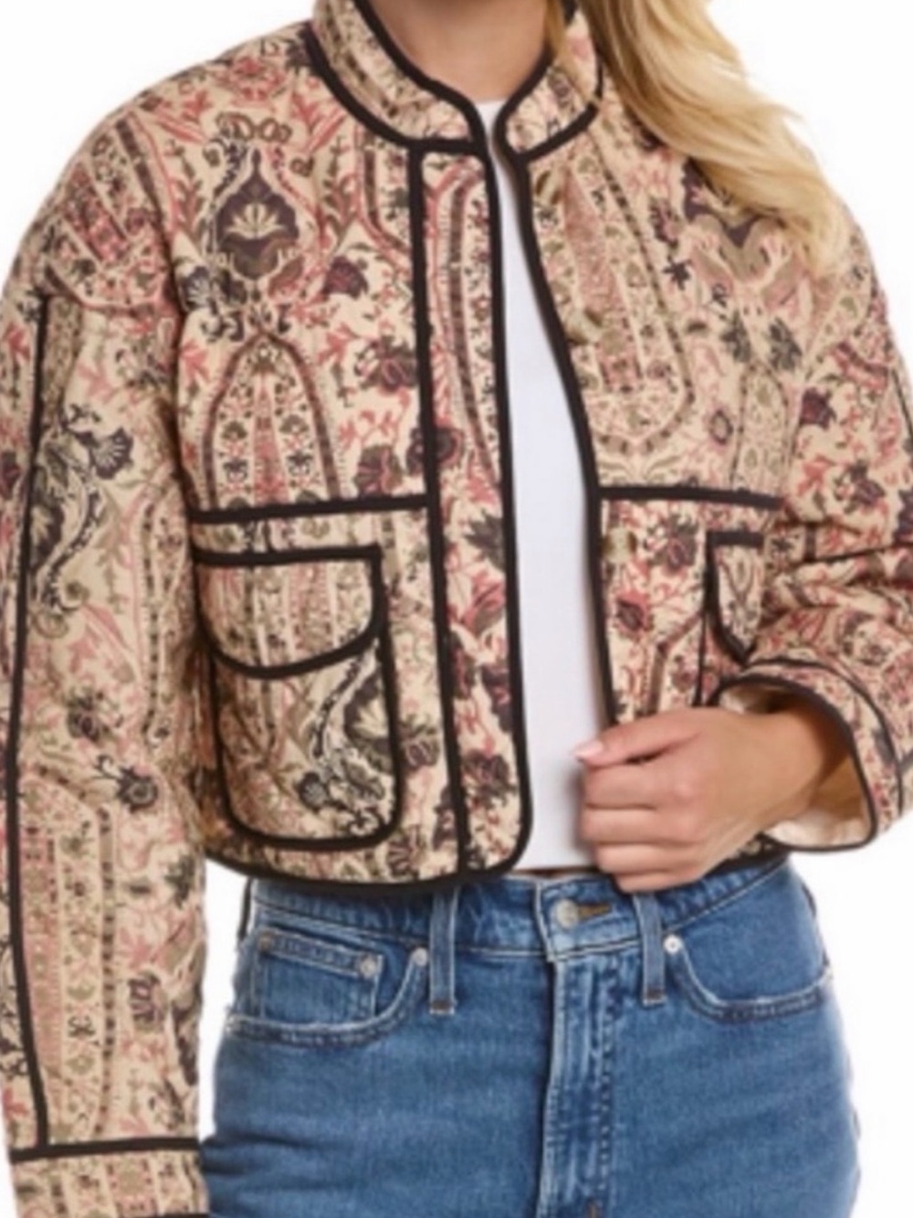 7 For All Mankind Quilted Patchwork Floral Cropped Jacket with Black Trim